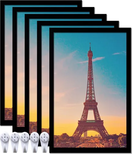 Vista 25 de Juego de 5 marcos de fotos de 8x11, marcos de fotos negros transparentes de alta calidad para pared, escritorio, horizontal y vertical para collage