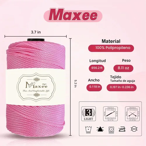 Vista 3 de Maxee Cordón de macramé de poliéster de alta calidad de 0.118 in × 218 yardas, 0.118 in, 100% polipropileno, ideal para ganchillo, ganchos de pared