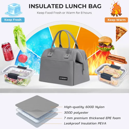 Vista 4 de ECHSRT Lonchera grande aislada para mujeres y hombres, a prueba de fugas, para el trabajo, viajes, adultos, lonchera térmica para oficina, 10 L, Gris