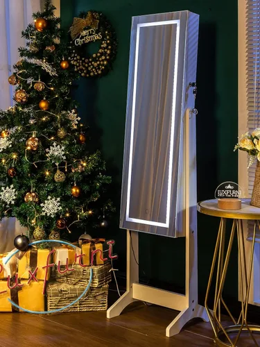 Vista 9 de LUXFURNI Armario de joyería con luz LED, espejo de pantalla completa, armario con cerradura, organizador grande de almacenamiento de cosméticos