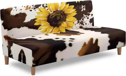 Vista 3 de Fundas para sofá cama con estampado de vaca marrón girasol con bandas elásticas para el hogar, sala de estar, fácil de instalar, antideslizante