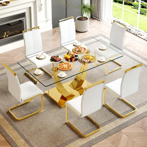 Vista 17 de Juego de mesa de comedor de cristal de 63 pulgadas para 4, mesa de comedor para 4, mesa de comedor con patas y base de acero inoxidable, sillas
