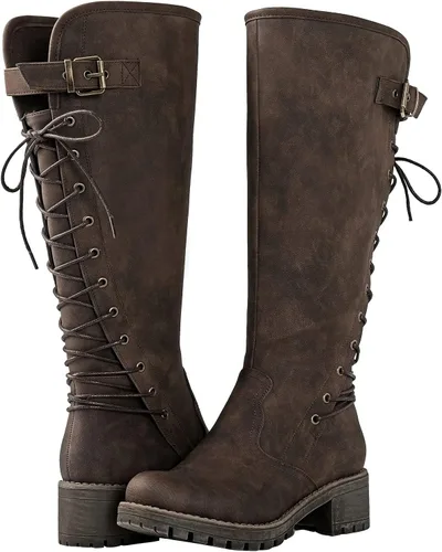 Vista 2 de GLOBALWIN - Botas de combate de equitación altas con cordones para mujer, cómodas botas góticas de motocicleta para mujer con cremallera y tacón