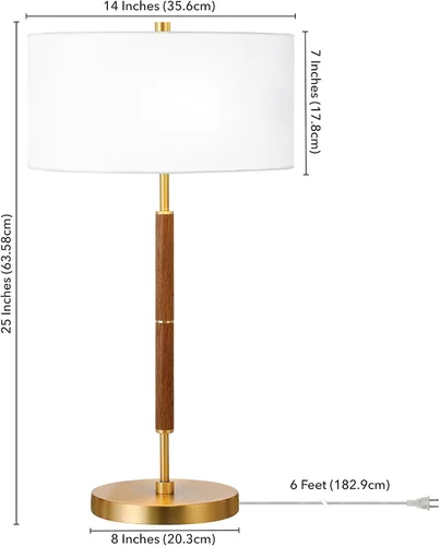Vista 6 de Henn&Hart Lámpara de mesa moderna de 2 tonos de 25 pulgadas con pantalla de tambor de tela blanca para sala de estar, dormitorio u oficina, roble