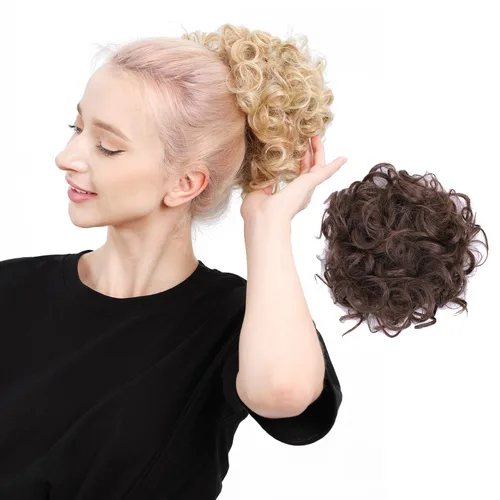 Vista 13 de Moño de cabello rizado desordenado, pieza de cabello sintético resistente al calor, extensiones de moño de cabello despeinado con cordón Updos Negro