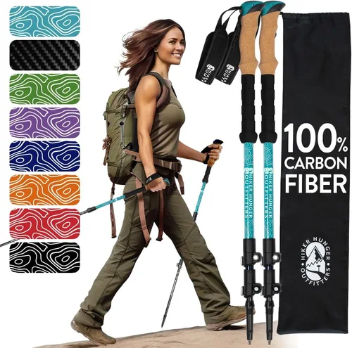 Vista 22 de 100% Carbon Fiber Trekking Poles by USA Brand - Ultra Strong Lightweight Collapsible Hiking Poles with Cork and EVA Foam Grips & Quick Adjustable