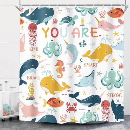 Vista 12 de Riyidecor Ocean - Cortina de ducha para niños, 60 pulgadas de ancho x 72 pulgadas de alto, diseño de ballena, dibujos animados, animales, delfín