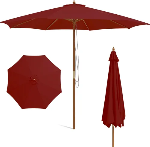 Vista 14 de HAPPYGRILL Sombrilla de patio de 9 pies, sombrilla de mercado para mesa al aire libre con 8 varillas de bambú resistentes, poste de madera, toldo