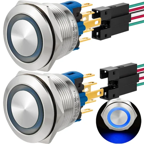 Vista 24 de 2 interruptores de botón de cierre de 0.866 in, 7/8 pulgadas, 110 V-120 V, SPDT, interruptor de encendido y apagado, impermeable, IP67, acero Azul