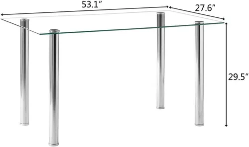 Vista 3 de Mesa de comedor de cristal para 6 personas con parte superior de vidrio templado transparente de 52 pulgadas, mesa de cocina de vidrio rectangular