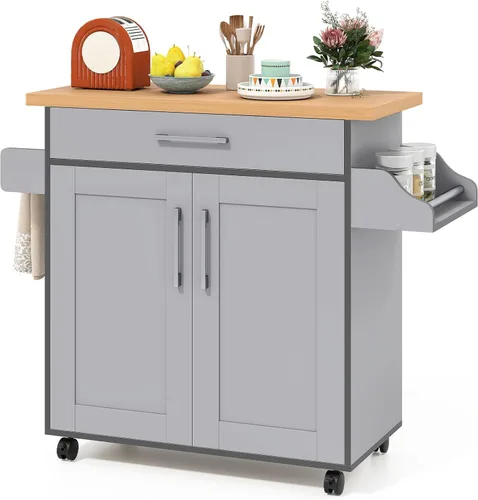 Vista 10 de Giantex Isla de cocina, carrito de cocina rodante con estante para especias y toallero, cajón grande y armario de almacenamiento de 2 puertas