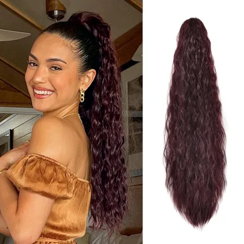 Vista 9 de YEAME Extensión de cola de caballo ondulada con clip de garra, cola de caballo de 22 pulgadas, pelo sintético castaño mezclado con rubio, cola
