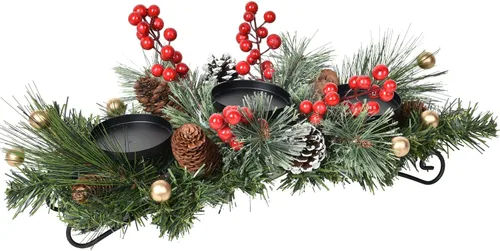 Vista 5 de Lvydec Portavelas de Navidad Centro de Mesa en Liquidación - Centro de Mesa de Piñas y Bayas Rojas con 3 Portavelas para Decoración del Hogar