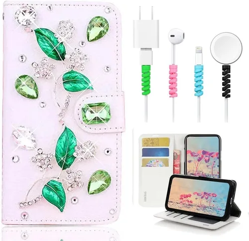 Vista 6 de Bling - Funda de piel tipo cartera compatible con iPod Touch 7ª generación (2019), diseño de flores y mariposas en 3D hechas a mano, con protector