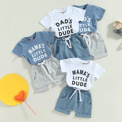 Vista 10 de Conjunto de traje de verano para bebé niño pequeño, manga corta, cuello redondo, letras impresas, lindo traje de verano, conjunto de 2 piezas