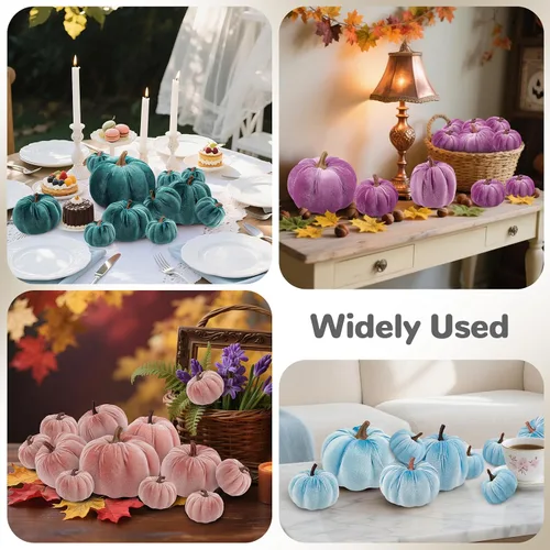 Vista 9 de Juego de 12 calabazas artificiales de terciopelo para Halloween, tela de cocina sintética de cosecha de otoño, espuma de granja, porche, mesa