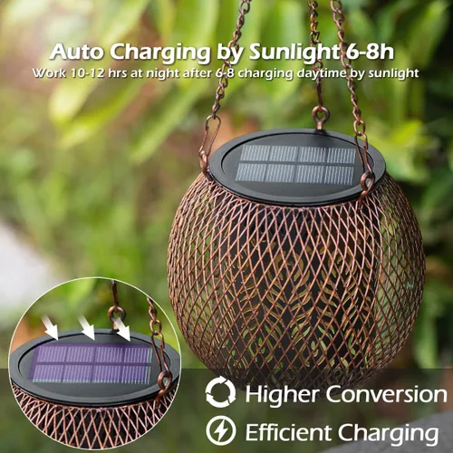 Vista 2 de LeiDrail Paquete de 2 faroles solares colgantes para exteriores, impermeables, de metal, luz decorativa para patio, patio, árbol, mesa, paisaje