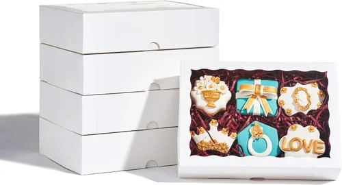 Vista 2 de 4 piezas 10 x 7 x 2.5 pulgadas Cajas de panadería para galletas con ventana, cajas para pasteles de chocolate, macarrones, cajas transparentes
