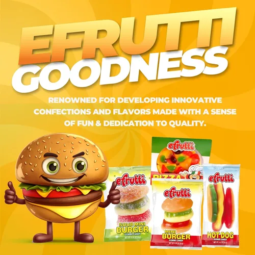 Vista 6 de eFrutti - Paquete variado de gomitas de gomitas, gomitas agridulces con hamburguesas, mini hamburguesas, pizza y hot dog picante, gomitas de frutas