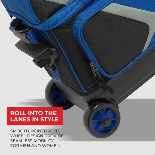 Vista 5 de BSI Dash Roller Bowling Bag with Smooth Rolling Wheels, Padded Ball Compartment, Retractable Locking Handle, & Shoe Pocket Negro/Azul/Gris