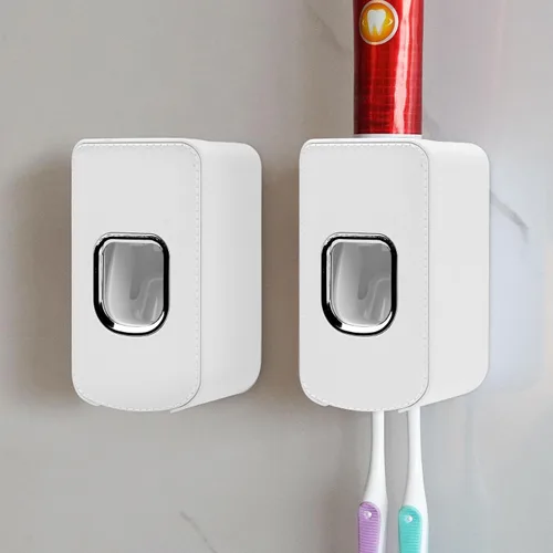 Vista 10 de Soporte de plástico para cepillos de dientes de 2 ranuras y dispensador de pasta de dientes montado en la pared, exprimidor automático de pasta