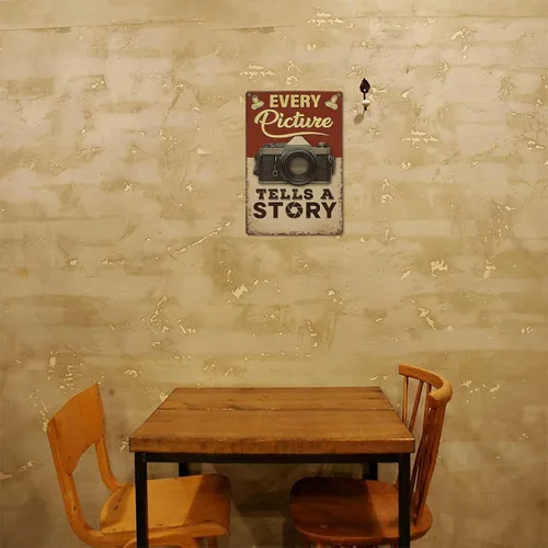 Vista 6 de Póster vintage de metal inspirador para pared, diseño con texto en inglés "Every Picture Tells A Story", letrero de metal para cámara vintage