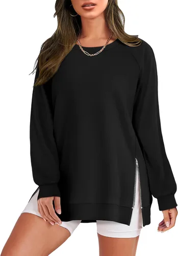 Vista 2 de OFEEFAN Sudaderas de manga larga para mujer, cuello redondo con cremallera lateral 2023