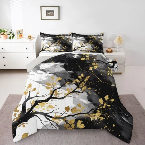 Vista 8 de Feelyou Juego de edredón abstracto para todas las estaciones, juego de ropa de cama negro y azul con 1 funda de almohada con estampado de mármol