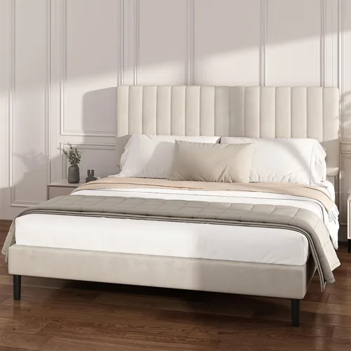 Vista 3 de Base de cama de plataforma de tamaño matrimonial con cabecera capitoné de canal vertical, no necesita somier, sin ruido, fácil montaje, terciopelo