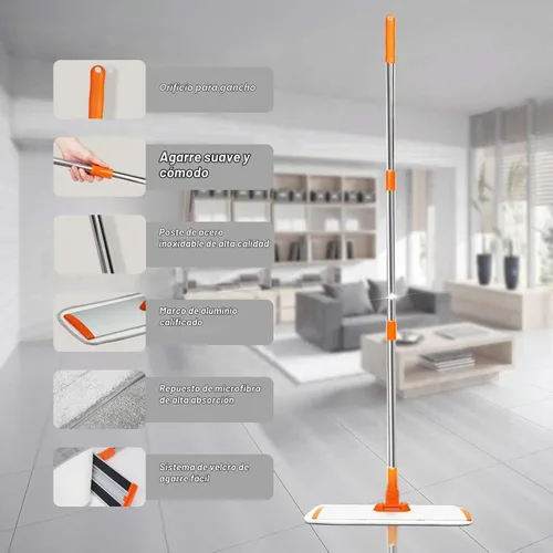 Vista 2 de Trapeador de microfibra de 17.5" – Trapeador plano para pisos con mango de acero inoxidable ajustable de 51", 4 almohadillas reutilizables