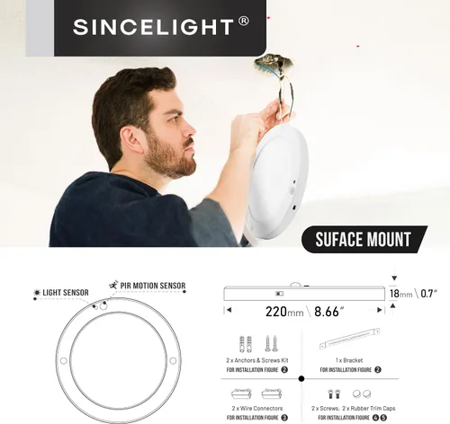 Vista 6 de SINCELIGHT PIR - Lámpara de techo LED de 18 W con sensor de movimiento (Φ9 pulgadas/8.661 in), encendido/apagado automático, activación por Blanco