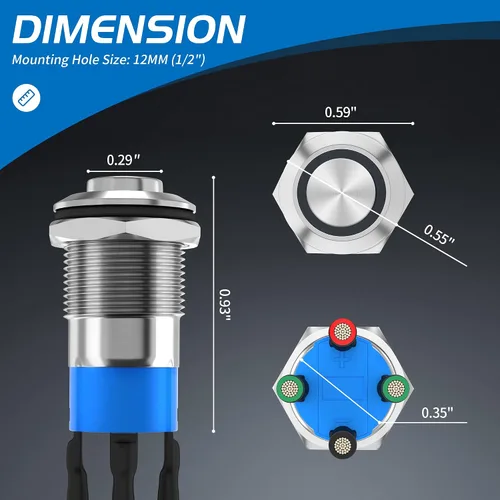 Vista 2 de Interruptor de botón de enganche DaierTek de 12 mm, interruptor de botón de 12 V, carcasa plateada, luz LED azul iluminada, interruptor impermeable