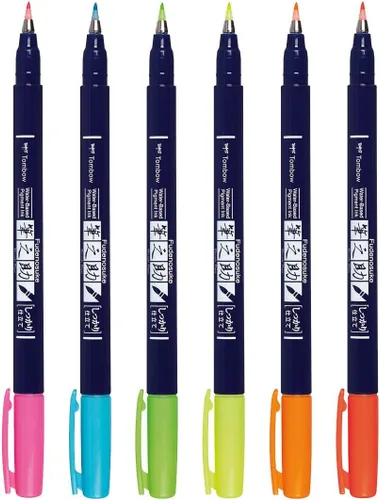 Vista 4 de Tombow 56437 Fudenosuke Neon Brush Pen, paquete de 6 bolígrafos de punta dura Fudenosuke en varios colores neón para caligrafía y dibujos artísticos