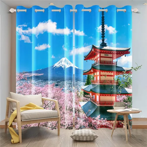 Vista 22 de Cortinas japonesas con pintura de tinta, monte Fuji, sol rojo, puesta de sol, hojas de bambú, cortinas de ventana para dormitorio, sala de estar