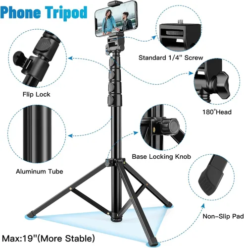 Vista 8 de Victiv - Trípode para teléfono de 1.78 metros (70 pulgadas), trípode para iPhone con control remoto y soporte para teléfono, resistente y estable