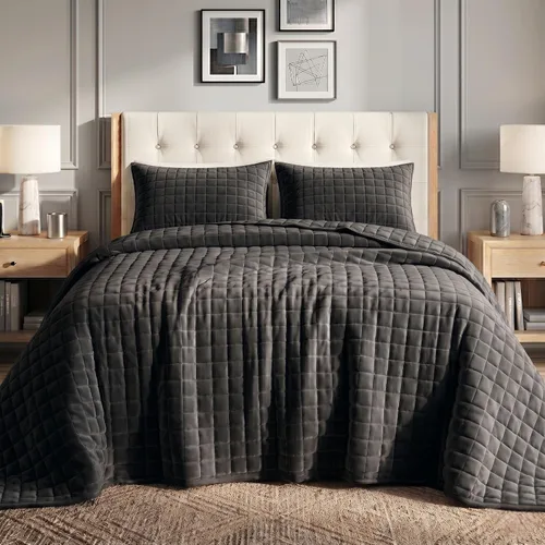 Vista 24 de Tribeca Living FLORENCEQUIKISI - Juego de acolchado Florencia, de terciopelo, sólido, tamaño grande), Negro, gemelo Ultra-Soft 260 GSM Plush