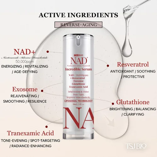 Vista 3 de NAD+ Brilliant Brightening Serum - Fórmula avanzada con NAD+ 50,000PPM, resveratrol, exosomas, glutatión y ácido tranexámico
