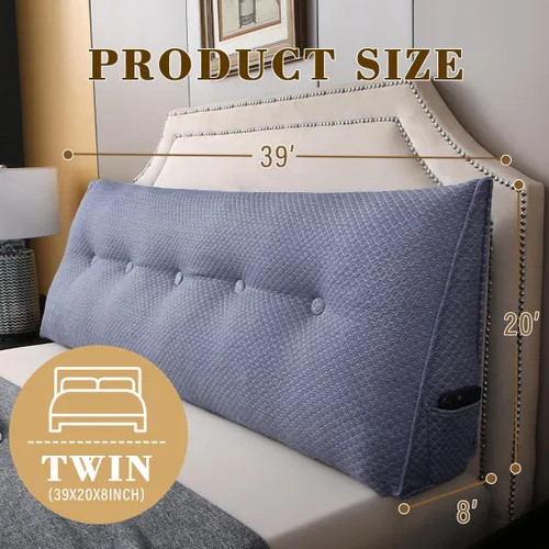 Vista 2 de Almohada de Cuña para Cabecero de Cama, Almohada de Cabecero Twin para Dormitorio para Sentarse, Leer, Relajarse, Almohada de Respaldo con Funda Azul