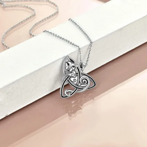 Vista 3 de POPLYKE Collar de gato celtacollar de urna de gato para mujer, plata de ley, triquetra, collar de nudo de trinidad celta para niñas, regalos