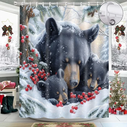 Vista 7 de Wathon Cortina de Ducha de Oso Negro de Invierno Escena Nevada Cortina de Baño con Osos Abrazándose Rodeados de Nieve y Bayas Rojas, Decoración