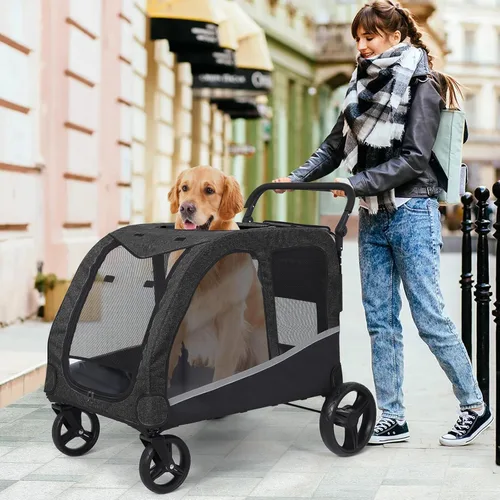 Vista 6 de Cochecito para perros grandes, cochecito extra grande para mascotas para perros medianos, carrito para perros, diseño plegable, asa ajustable