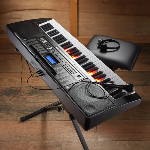 Vista 7 de Ashthorpe Piano de teclado digital de 61 teclas con teclas iluminadas, kit de piano electrónico para principiantes con soporte, taburete
