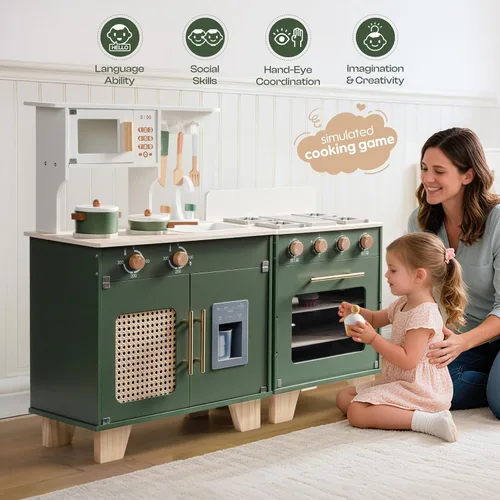 Vista 6 de ROBOTIME Juego de cocina con nevera de juguete, horno de juguete, juego de cocina de madera para niños, juego de cocina de juguete para niños de 3 4