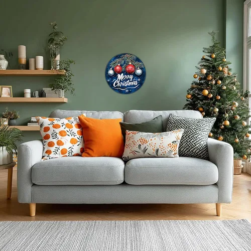Vista 6 de Letrero redondo de metal rústico para decoración de pared, placa de decoración de pared con texto en inglés "Merry Christmas" azul y plateado