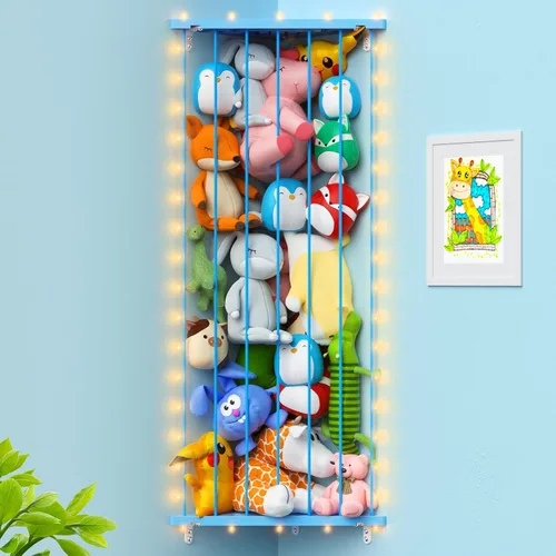 Vista 7 de Red de almacenamiento de animales de peluche de esquina – Soporte para animales de peluche con luces – Organizador de felpa colgante hamaca de Azul