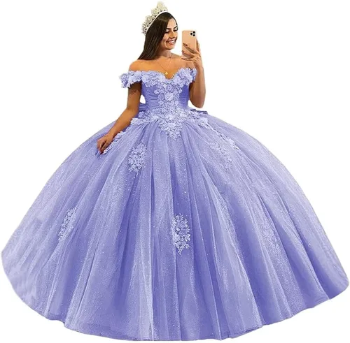 Vista 4 de Youjiayi Vestidos de quinceañera con hombros descubiertos, vestido de baile floral 3D Sweet 15 16, vestidos hinchados de graduación con tren YJY77