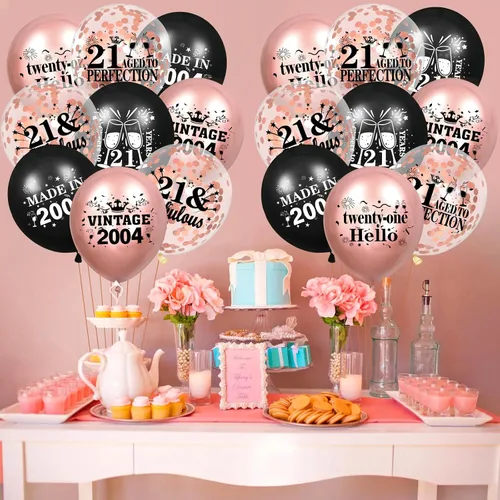 Vista 2 de Globos de cumpleaños número 21, 18 globos de oro rosa y negro 2004, decoraciones de fiesta de cumpleaños 21 para mujeres, globos de látex de confeti