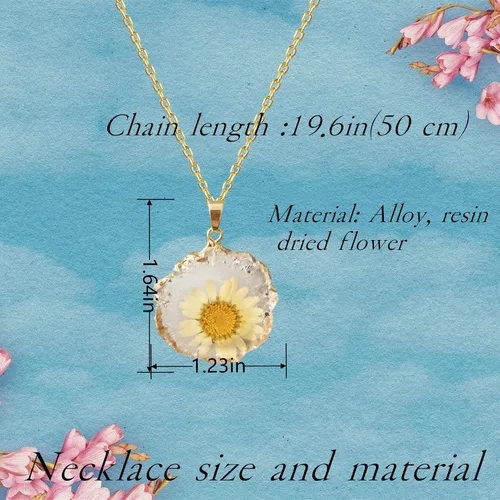 Vista 4 de MZLYQ Juego de collar y aretes de flores prensadas, flor seca bohemia, resina de doble cara, margarita, girasol, hecha a mano, joyería para mujeres