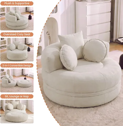 Vista 6 de Boneless Convertible Round Floor Sofa Chair with Expandable Seat, Beige Oversized Lounge Seating, High-density Foam Comfort, Reading Chair, No