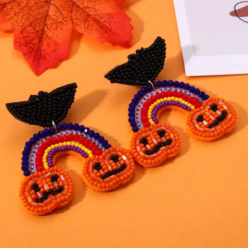 Vista 3 de Aretes de Halloween para mujer, lindos aretes colgantes de calabaza fantasma, con cuentas, espeluznante sombrero de bruja de calavera boo truco RIP